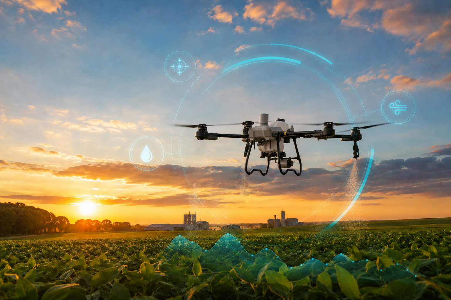 Drone agrícola pulverizando uma lavoura ao amanhecer